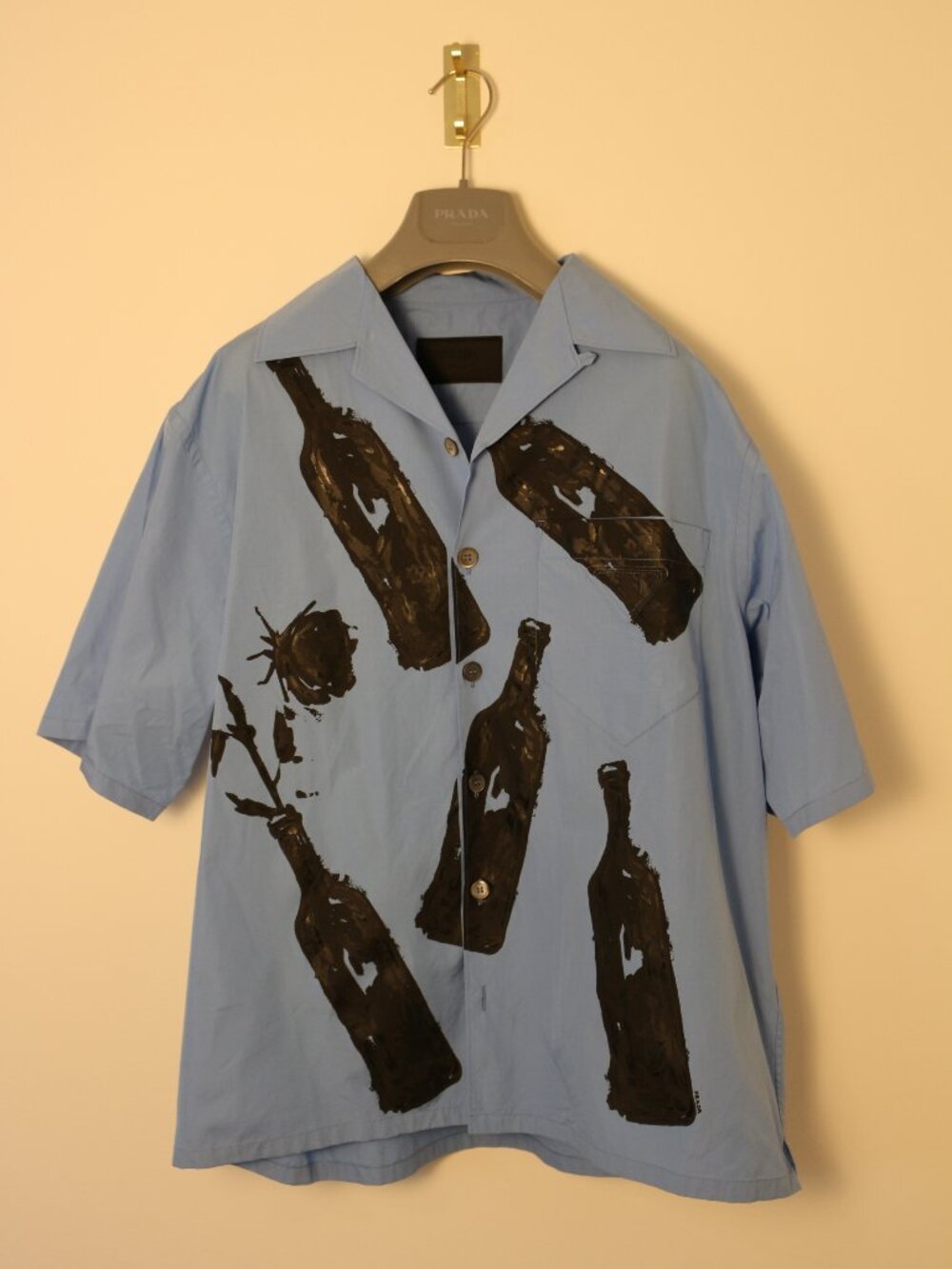 Prada Blue Bottle Rose Graphic Bowling Shirt Short Sleeve Men's M